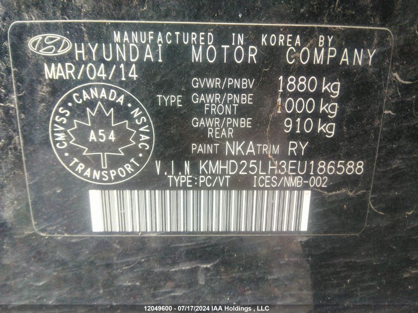 2014 Hyundai Elantra VIN: KMHD25LH3EU186588 Lot: 12049600