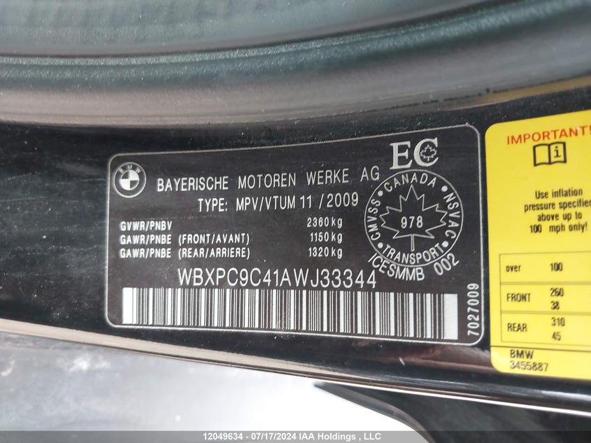 2010 BMW X3 VIN: WBXPC9C41AWJ33344 Lot: 12049634