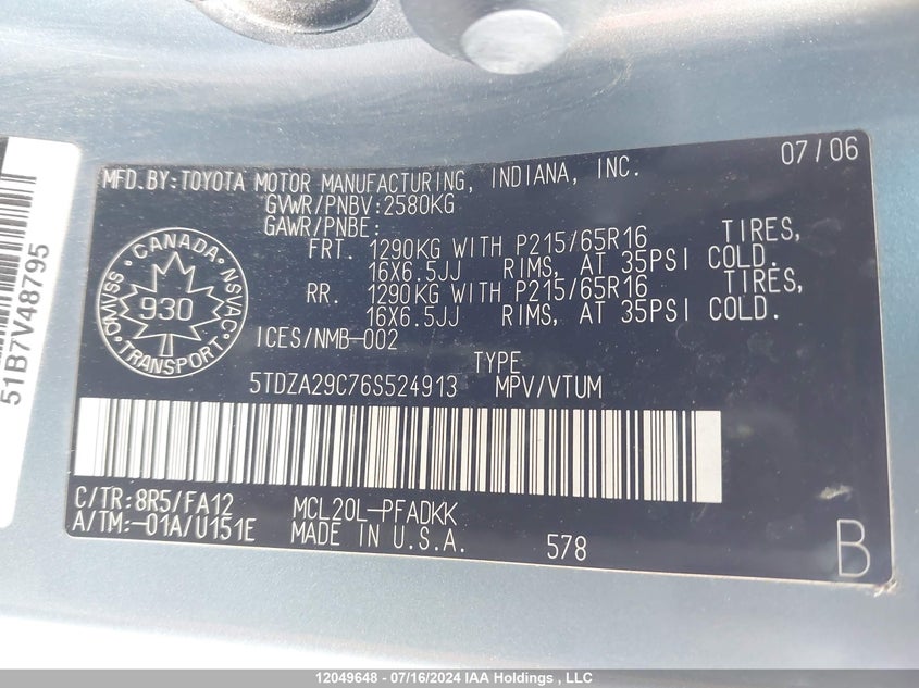 2006 Toyota Sienna Ce VIN: 5TDZA29C76S524913 Lot: 12049648