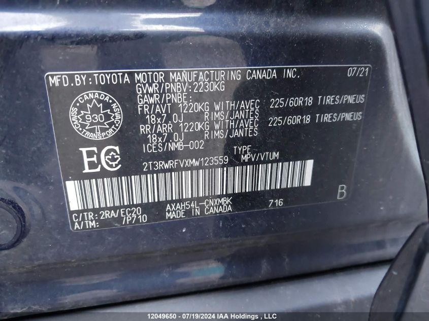 2021 Toyota Rav4 Xle VIN: 2T3RWRFVXMW123559 Lot: 12049650