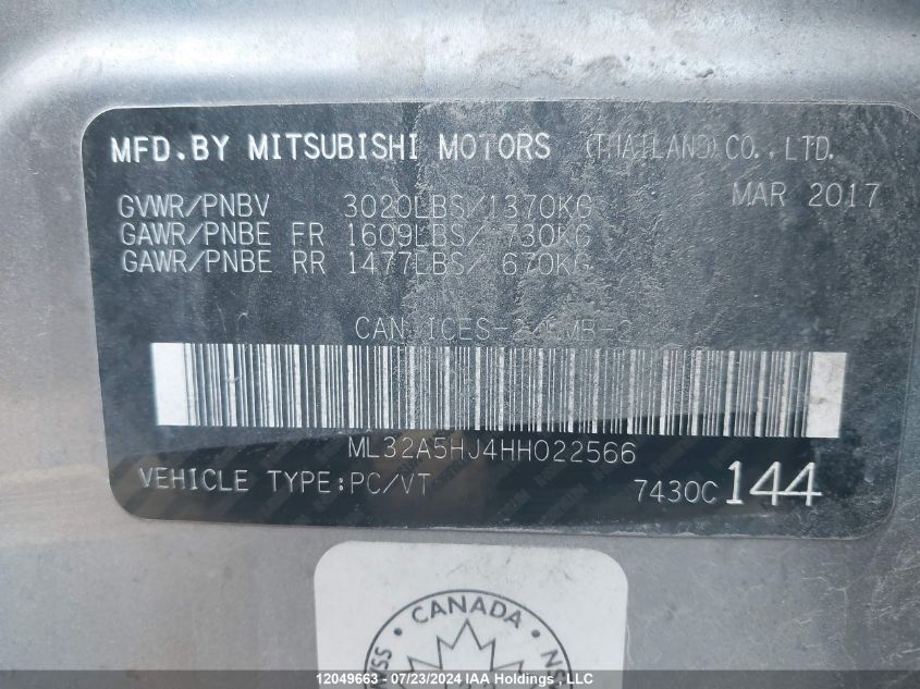 2017 Mitsubishi Mirage VIN: ML32A5HJ4HH022566 Lot: 12049663