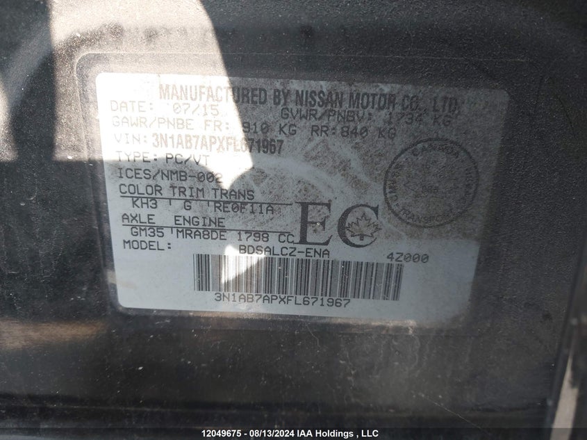 2015 Nissan Sentra VIN: 3N1AB7APXFL671967 Lot: 12049675