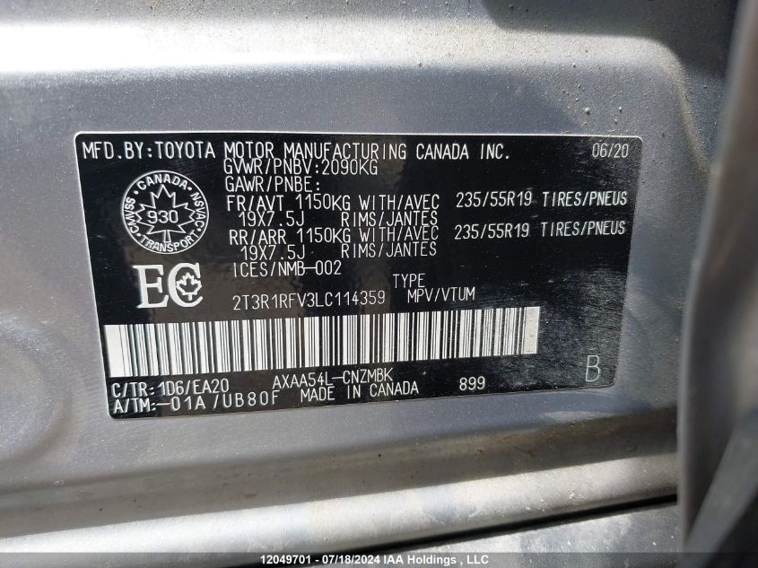 2020 Toyota Rav4 Xle VIN: 2T3R1RFV3LC114359 Lot: 12049701