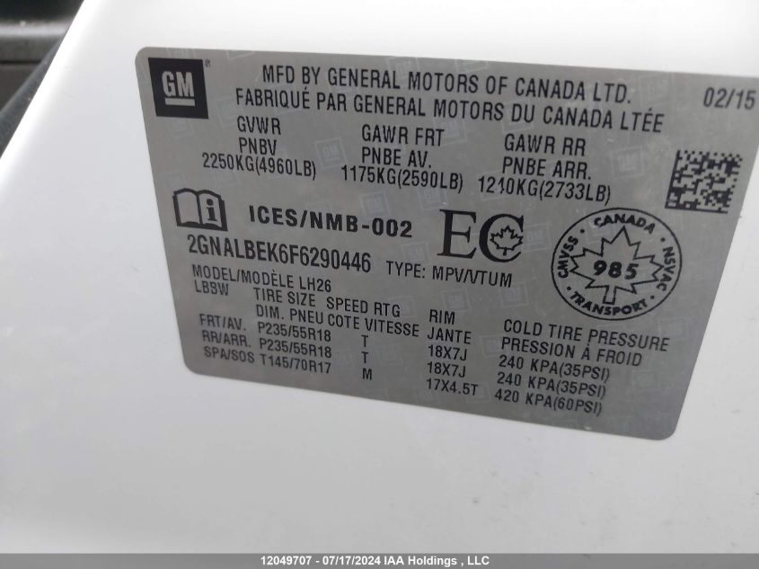 2015 Chevrolet Equinox Lt VIN: 2GNALBEK6F6290446 Lot: 12049707