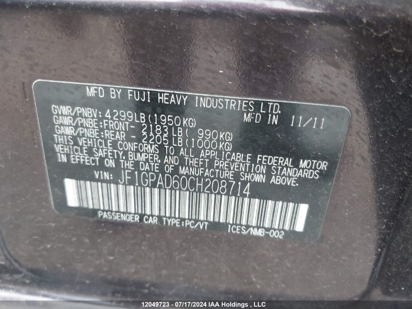 2012 Subaru Impreza Premium VIN: JF1GPAD60CH208714 Lot: 12049723