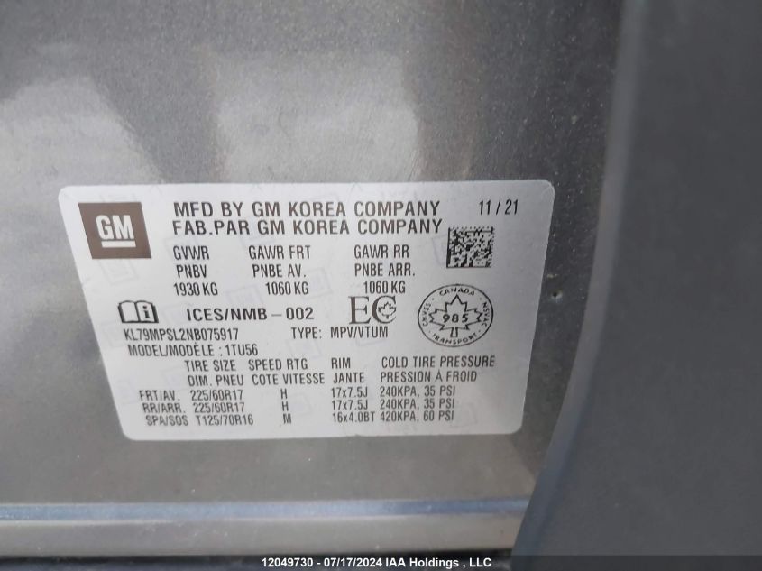 2022 Chevrolet Trailblazer VIN: KL79MPSL2NB075917 Lot: 12049730