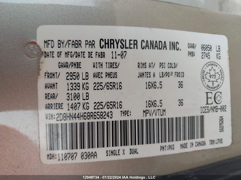 2008 Dodge Grand Caravan Se VIN: 2D8HN44H68R658243 Lot: 12049734