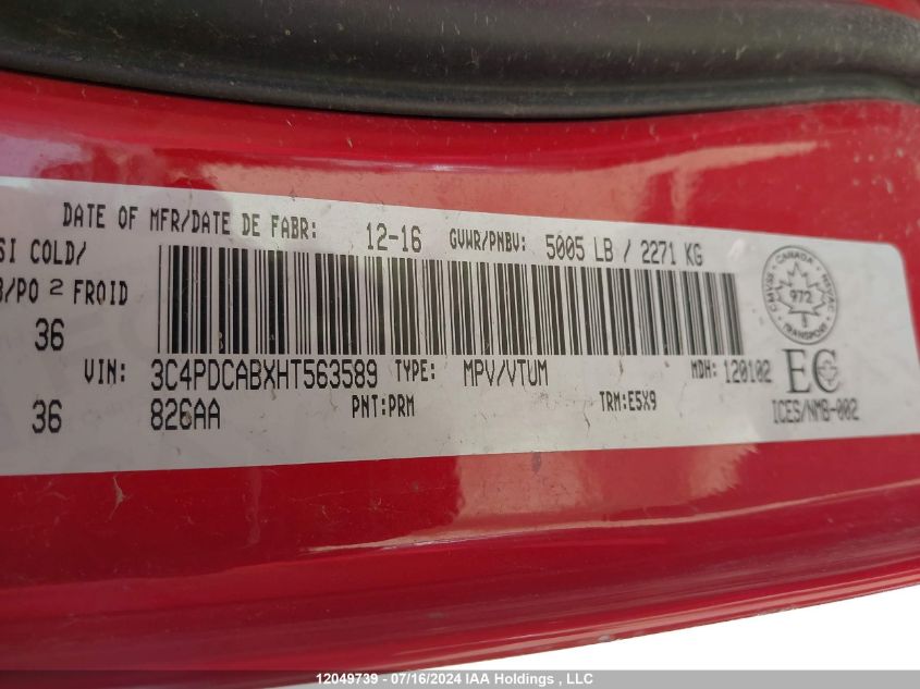 2017 Dodge Journey Cvp/Se VIN: 3C4PDCABXHT563589 Lot: 12049739