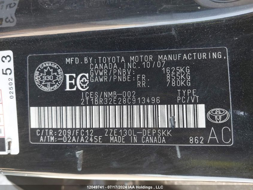 2008 Toyota Corolla Ce/Le/Sport VIN: 2T1BR32E28C913496 Lot: 12049741