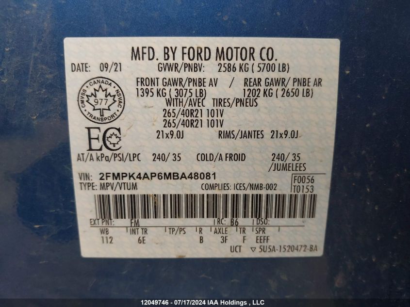 2021 Ford Edge St VIN: 2FMPK4AP6MBA48081 Lot: 12049746