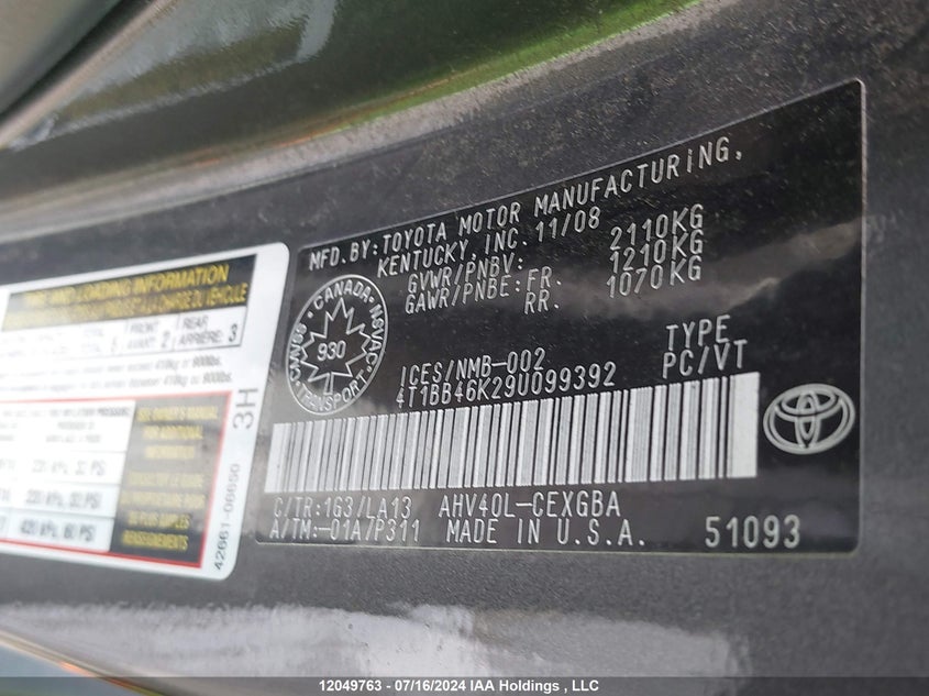 2009 Toyota Camry Hybrid VIN: 4T1BB46K29U099392 Lot: 12049763