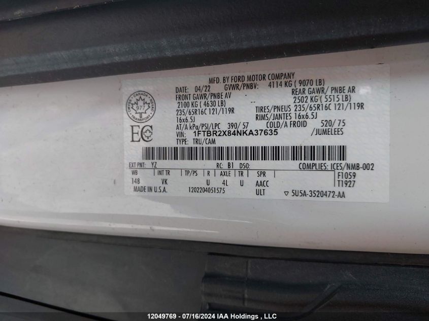 2022 Ford Transit T-250 VIN: 1FTBR2X84NKA37635 Lot: 12049769