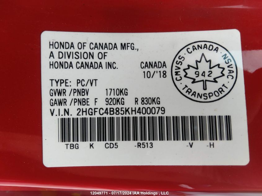 2019 Honda Civic VIN: 2HGFC4B85KH400079 Lot: 12049771