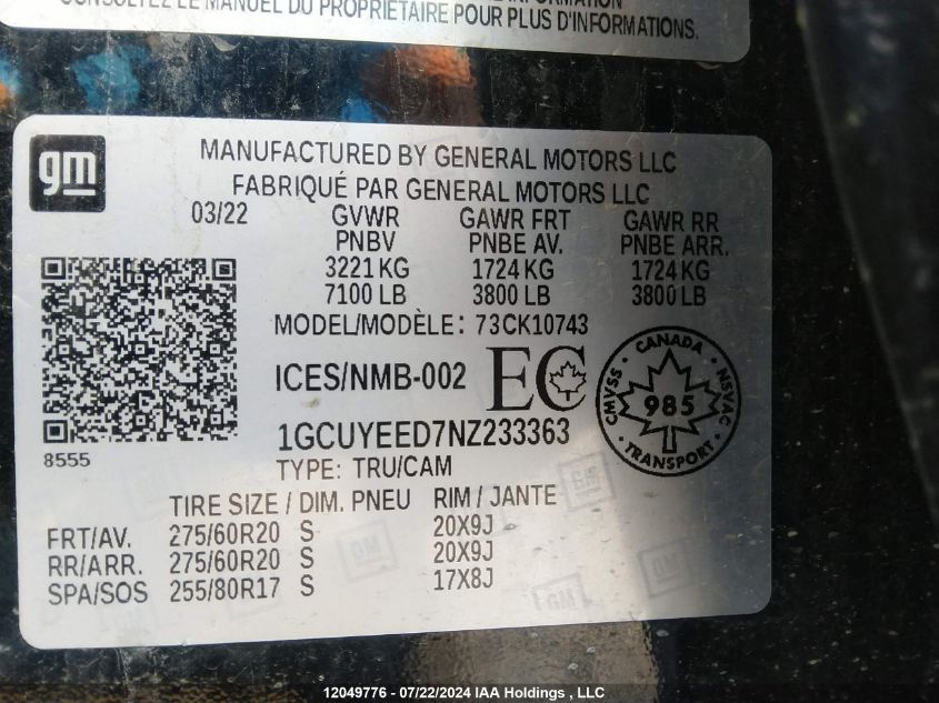 2022 Chevrolet Silverado Ltd K1500 Rst VIN: 1GCUYEED7NZ233363 Lot: 12049776