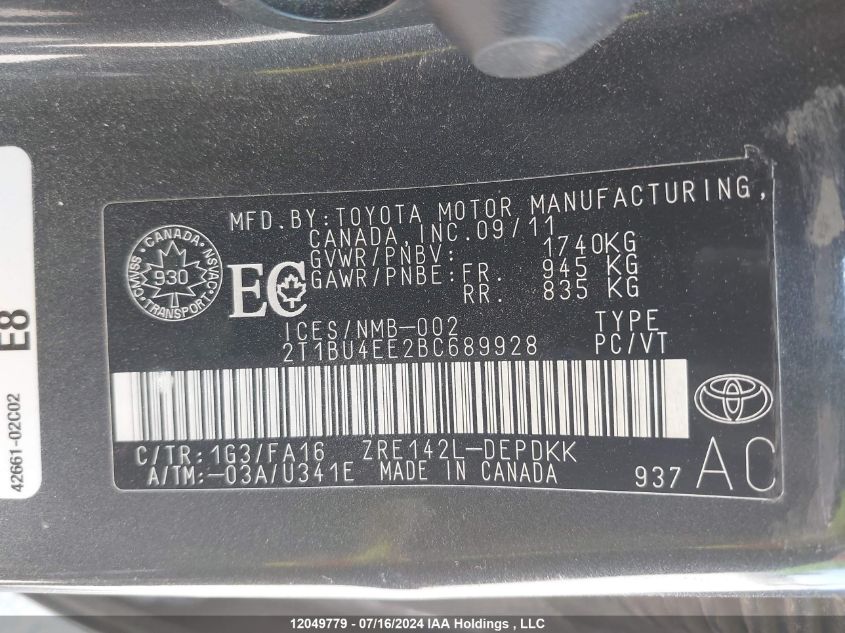 2011 Toyota Corolla S/Le VIN: 2T1BU4EE2BC689928 Lot: 12049779