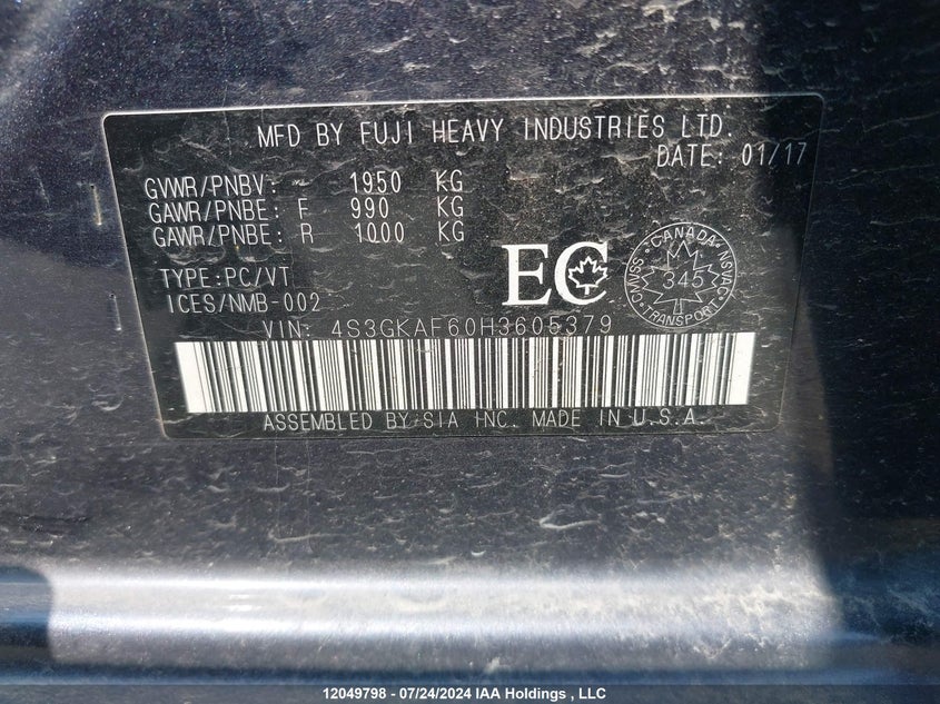 2017 Subaru Impreza VIN: 4S3GKAF60H3605379 Lot: 12049798