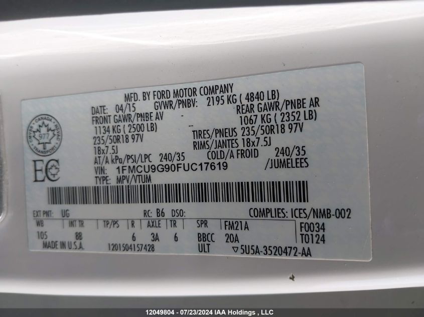 2015 Ford Escape Se VIN: 1FMCU9G90FUC17619 Lot: 12049804