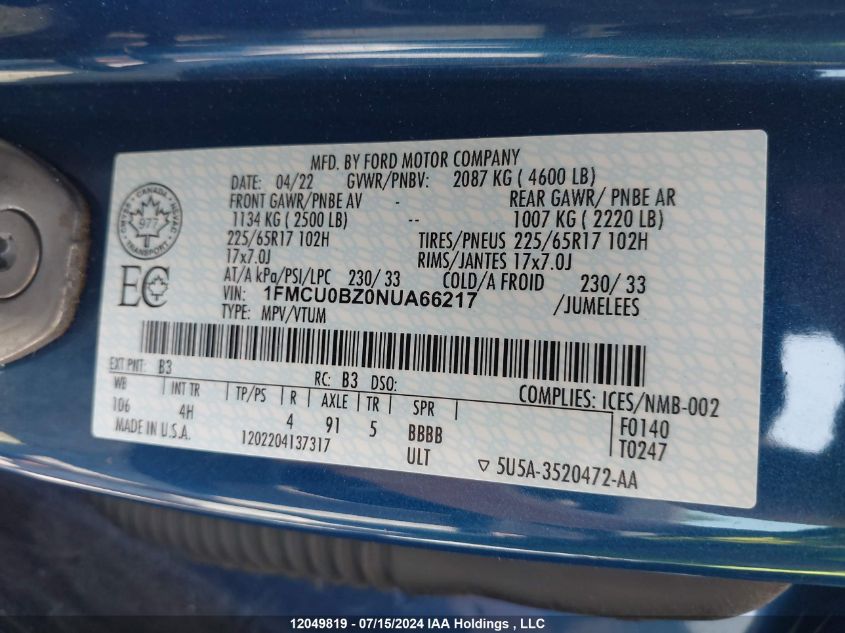 2022 Ford Escape Se Hybrid VIN: 1FMCU0BZ0NUA66217 Lot: 12049819