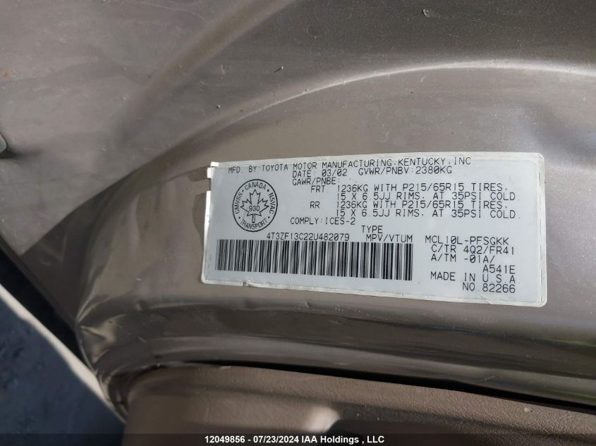 2002 Toyota Sienna Le VIN: 4T3ZF13C22U482079 Lot: 12049856