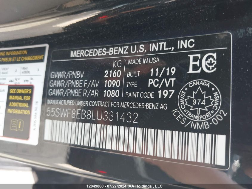 2020 Mercedes-Benz C 300 4Matic VIN: 55SWF8EB8LU331432 Lot: 12049860