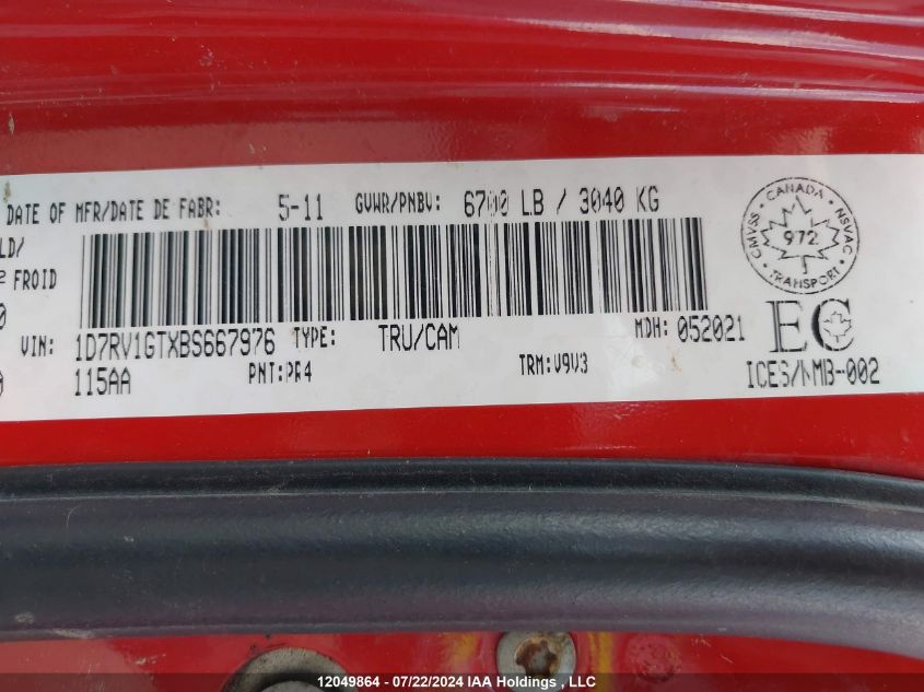 2011 Ram Ram 1500 Slt VIN: 1D7RV1GTXBS667976 Lot: 12049864