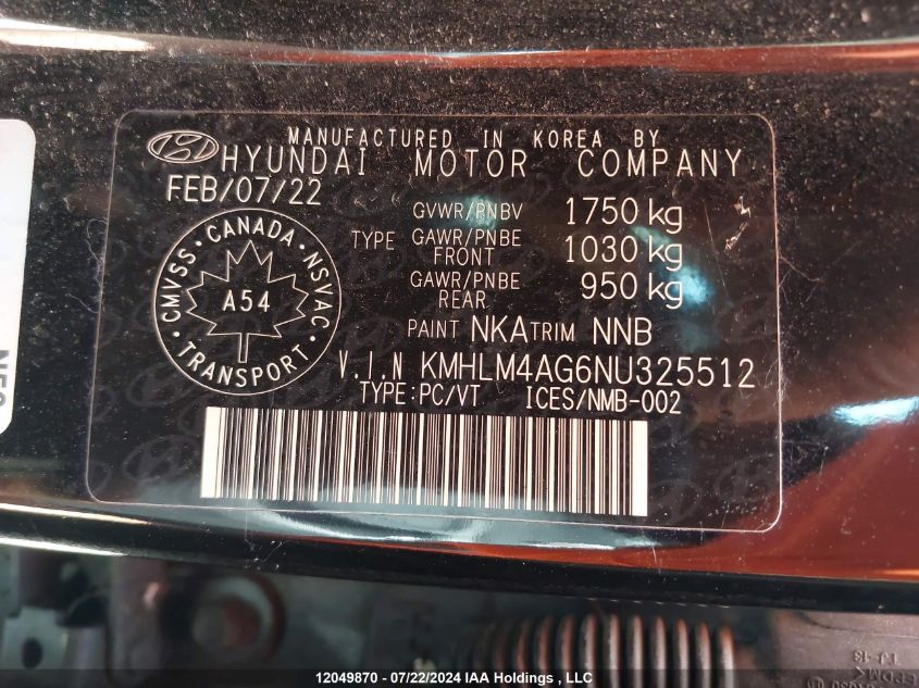 2022 Hyundai Elantra Preferred Ivt VIN: KMHLM4AG6NU325512 Lot: 12049870