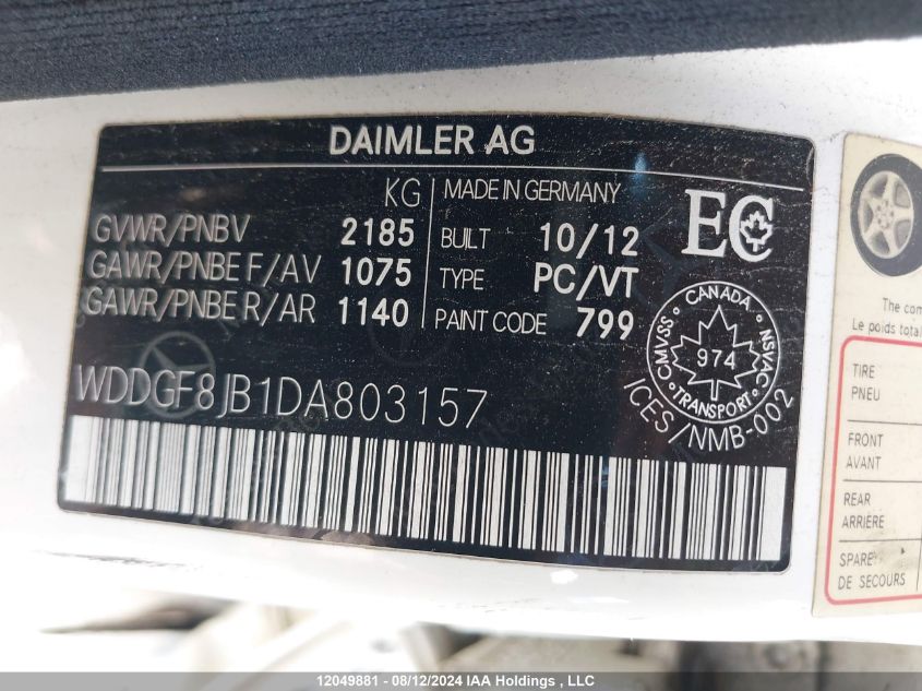 2013 Mercedes-Benz C-Class VIN: WDDGF8JB1DA803157 Lot: 12049881