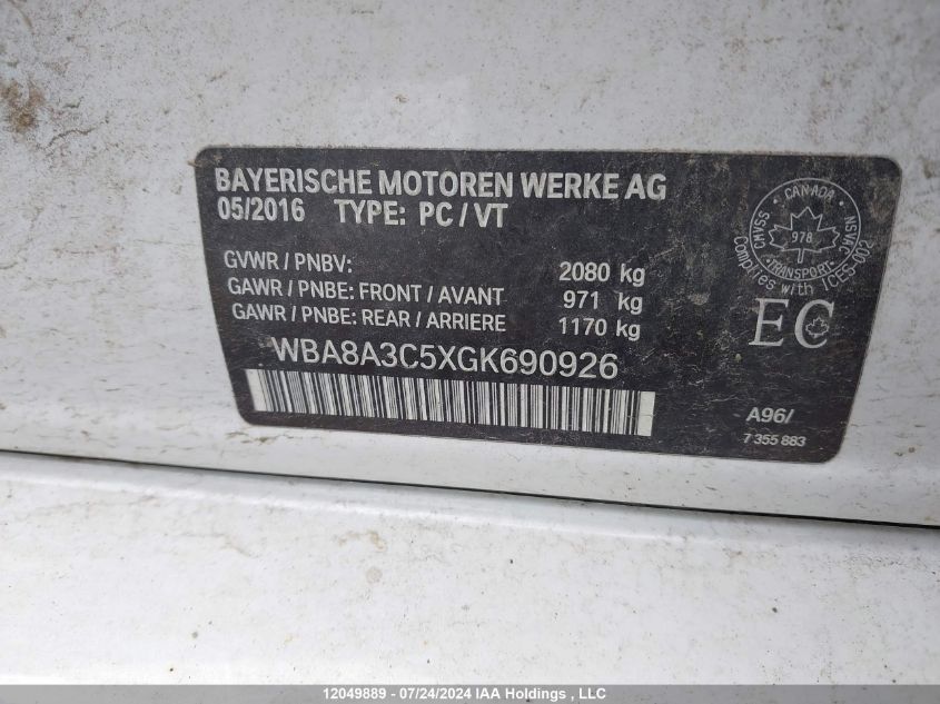 2016 BMW 3 Series VIN: WBA8A3C5XGK690926 Lot: 12049889