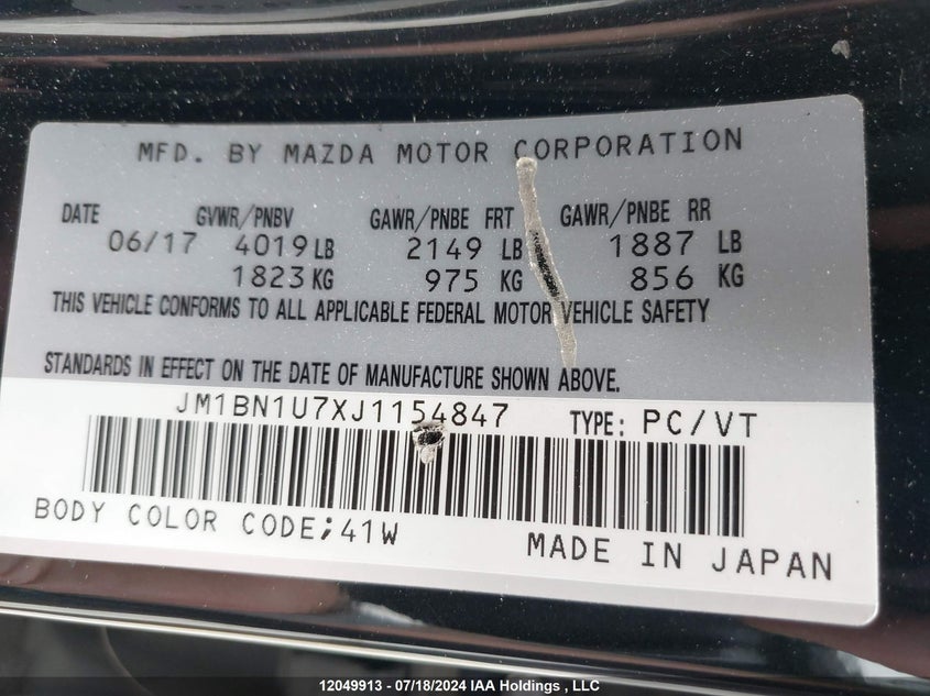 2018 Mazda Mazda3 VIN: JM1BN1U7XJ1154847 Lot: 12049913