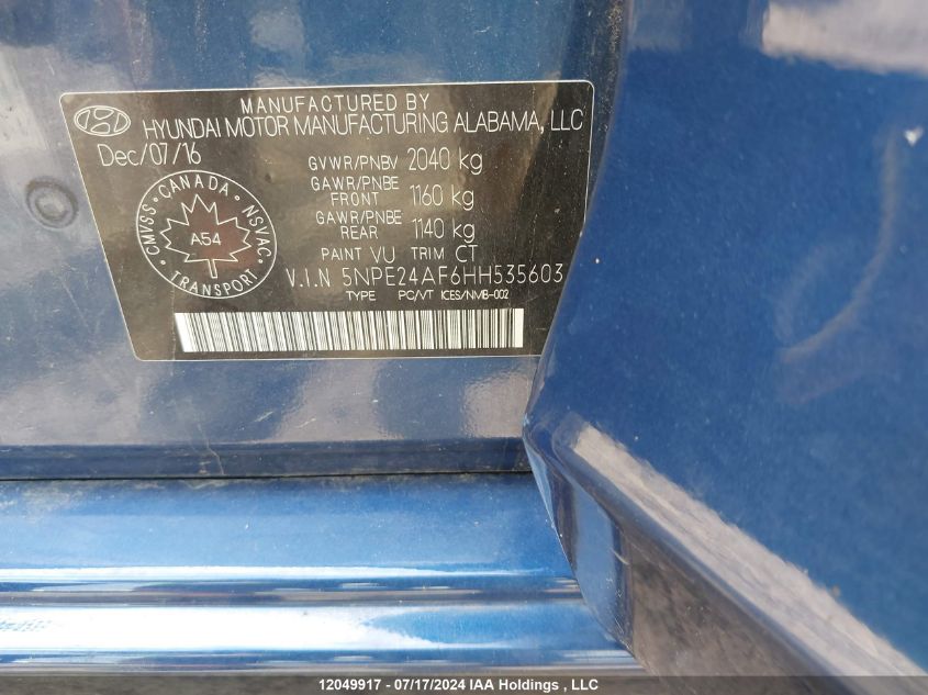 2017 Hyundai Sonata Se VIN: 5NPE24AF6HH535603 Lot: 12049917