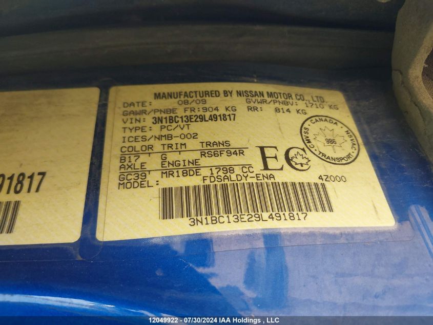 2009 Nissan Versa S/Sl VIN: 3N1BC13E29L491817 Lot: 12049922