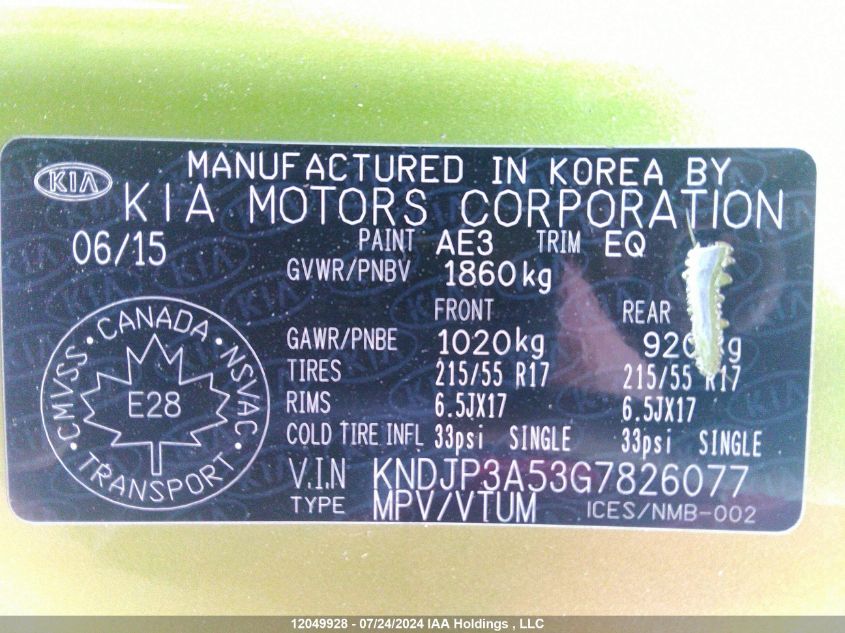 2016 Kia Soul VIN: KNDJP3A53G7826077 Lot: 12049928