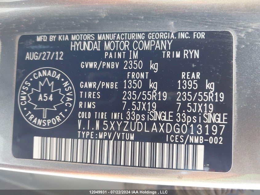 2013 Hyundai Santa Fe Sport VIN: 5XYZUDLAXDG013197 Lot: 12049931