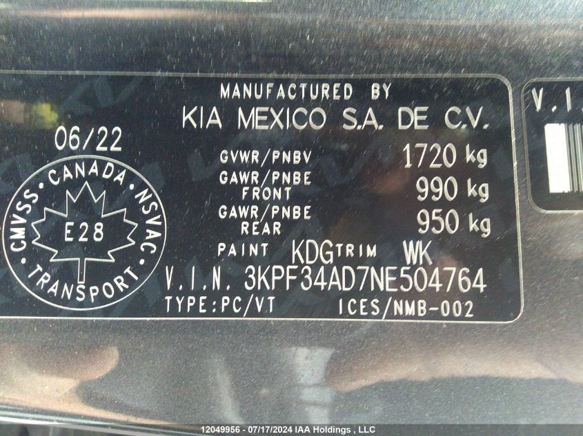 2022 Kia Forte VIN: 3KPF34AD7NE504764 Lot: 12049956