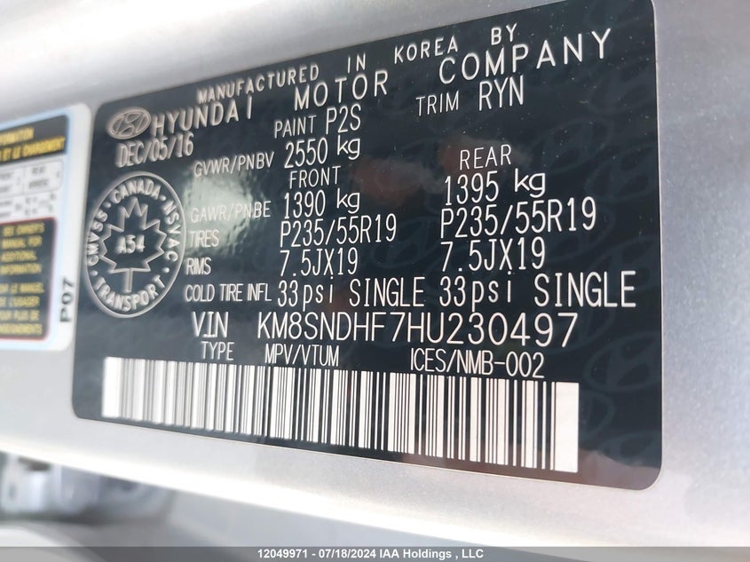 2017 Hyundai Santa Fe Xl Limited VIN: KM8SNDHF7HU230497 Lot: 12049971