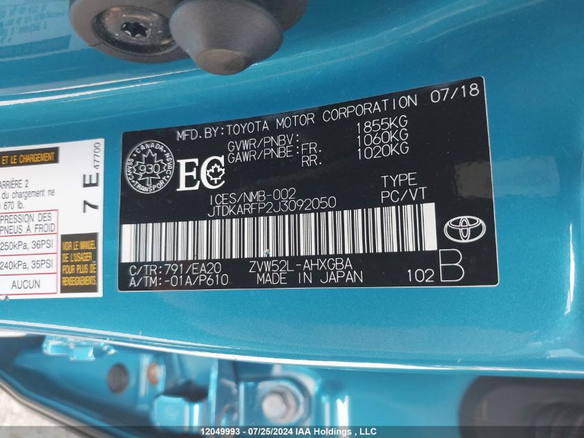 2018 Toyota Prius Prime Upgrade VIN: JTDKARFP2J3092050 Lot: 12049993