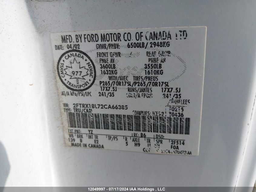 2002 Ford F150 VIN: 2FTRX18L72CA66385 Lot: 12049997