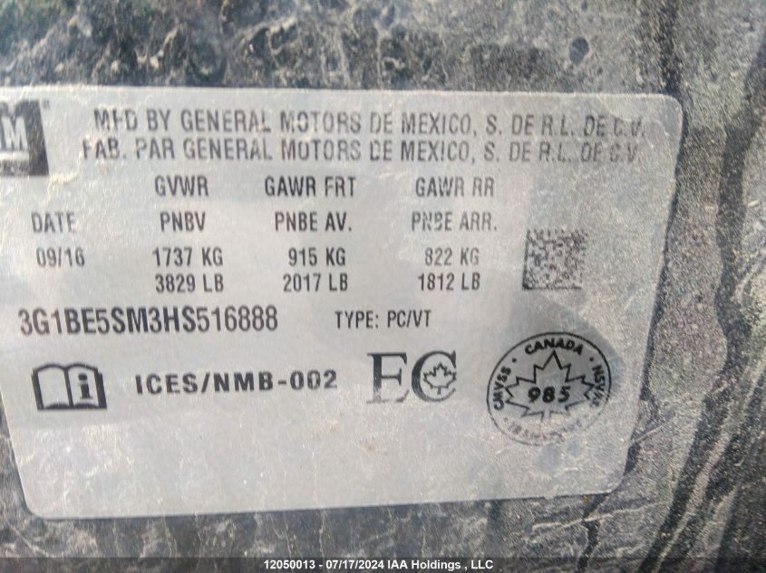 2017 Chevrolet Cruze Lt VIN: 3G1BE5SM3HS516888 Lot: 12050013