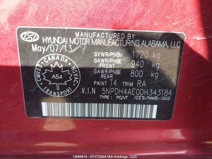 2013 Hyundai Elantra Gls/Limited VIN: 5NPDH4AE0DH343184 Lot: 12050015