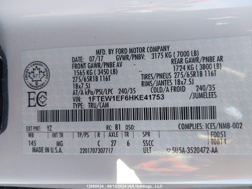 2017 Ford F-150 VIN: 1FTEW1EF6HKE41753 Lot: 12050024