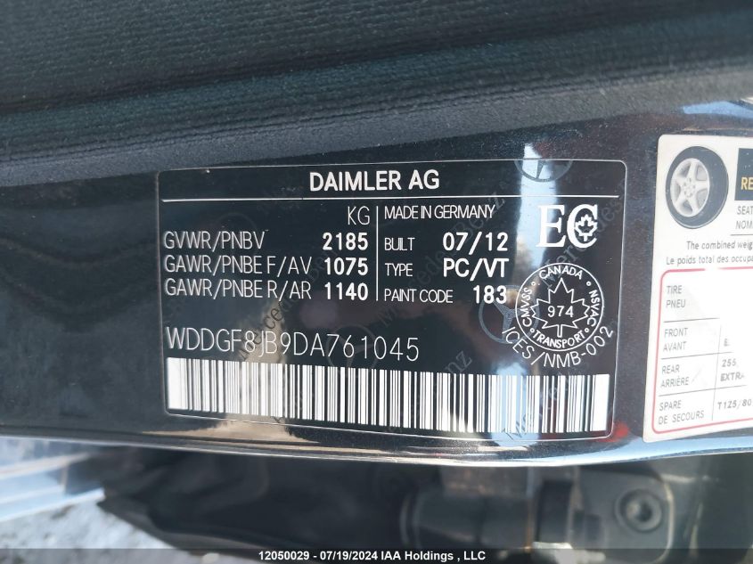 2013 Mercedes-Benz C-Class VIN: WDDGF8JB9DA761045 Lot: 12050029