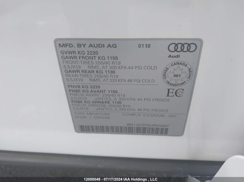 2018 Audi Q3 VIN: WA1JCCFS3JR023947 Lot: 12050049