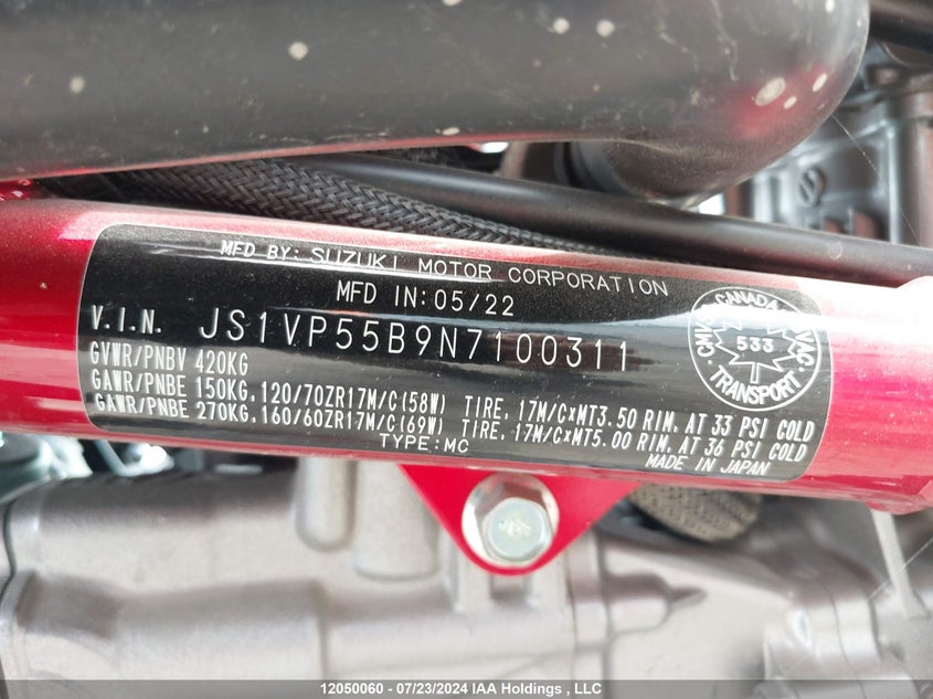 2022 Suzuki Sv650 A/X VIN: JS1VP55B9N7100311 Lot: 12050060