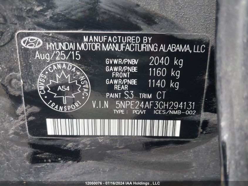 2016 Hyundai Sonata VIN: 5NPE24AF3GH294131 Lot: 12050076