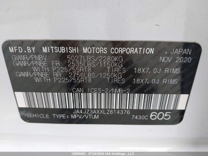 2020 Mitsubishi Outlander VIN: JA4JZ3AXXLZ614376 Lot: 12050082