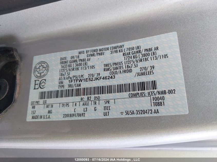 2018 Ford F150 Supercrew VIN: 1FTFW1E52JKF46243 Lot: 12050093
