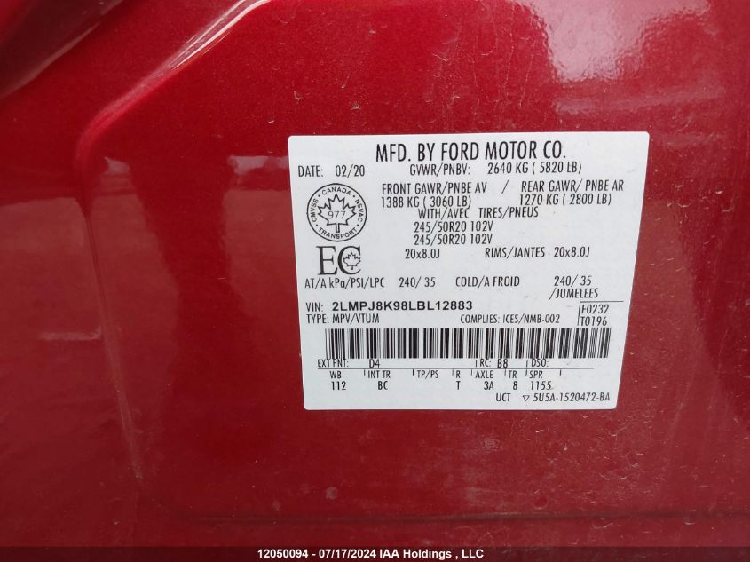 2020 Lincoln Nautilus Reserve VIN: 2LMPJ8K98LBL12883 Lot: 12050094