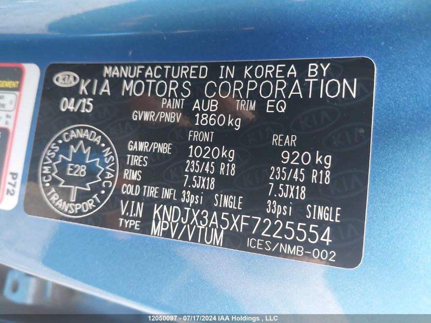 2015 Kia Soul VIN: KNDJX3A5XF7225554 Lot: 12050097