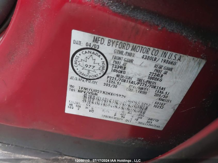 2003 Ford Escape Xls VIN: 1FMYU021X3KE05929 Lot: 12050110