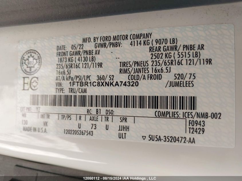 2022 Ford Transit T-250 VIN: 1FTBR1C8XNKA74320 Lot: 12050112